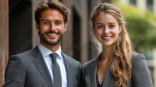 Professional couple posing confidently in elegant suits during a sunny day in an urban setting