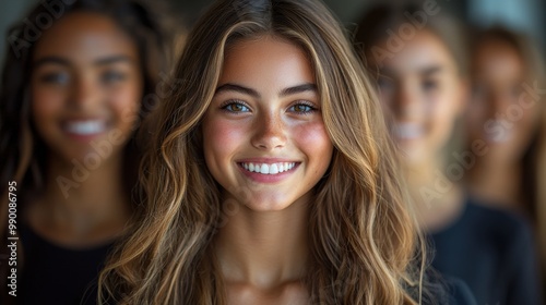 Group of young women smiling warmly while posing together indoors in bright natural light during a casual gathering