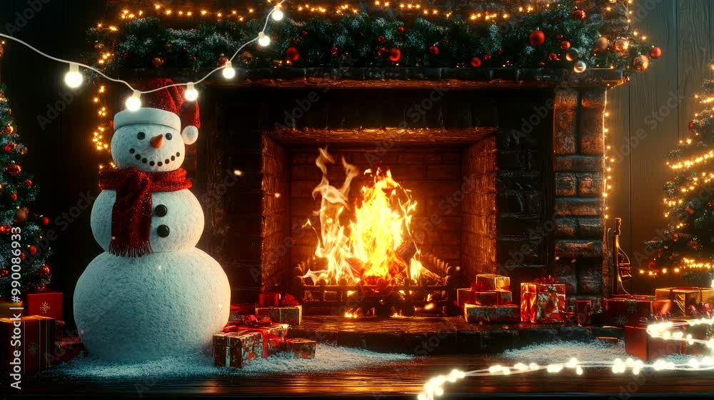 fireplace with snowman and christmas tree element decorations background. seamless looping time-lapse virtual 4k video animation background