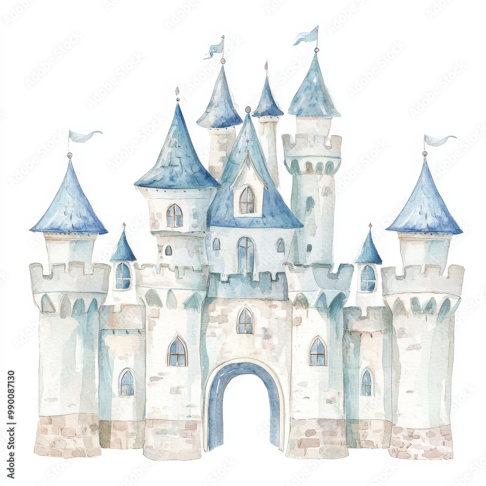 Obraz premium beautiful farytale castle - nursery watercolor drawing on white background