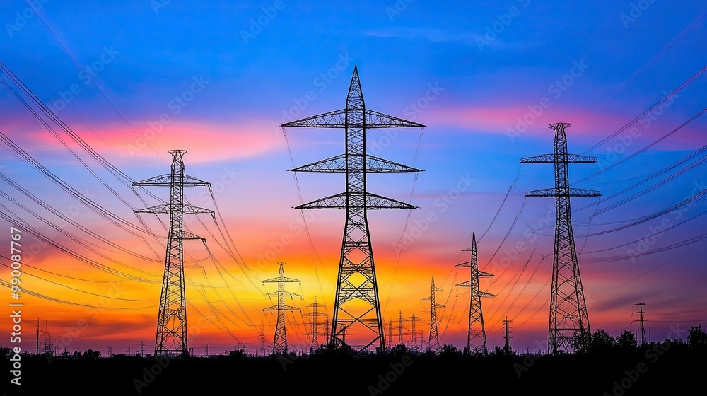 Power grid silhouetted at sunset, symbolizing the importance of protecting electricity distribution Power grid silhouetted at sunset, symbolizing the importance of protecting electricity distribution