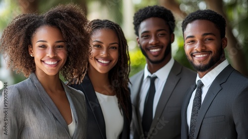 Four young professionals smiling together in business attire outdoors during a sunny day in a vibrant urban setting