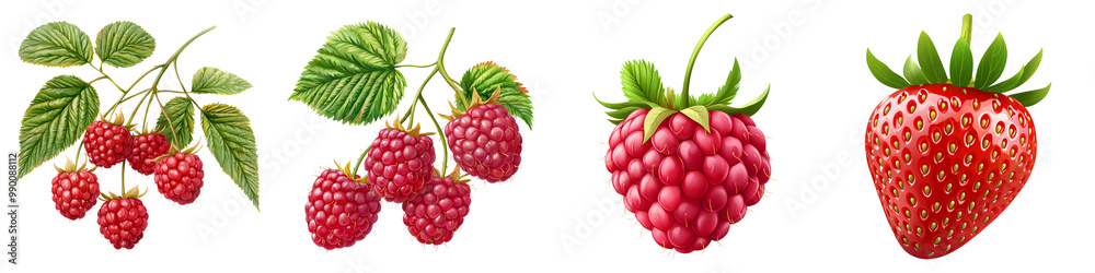 The image showcases a variety of raspberries and a strawberry, highlighting their vibrant colors and lush green leaves against a black background. The image showcases a variety of raspberries and a strawberry, highlighting their vibrant colors and lush green leaves against a black background.