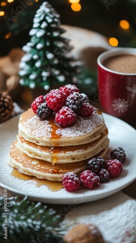 Savor festive pancakes with berries and hot cocoa, a perfect holiday breakfast!