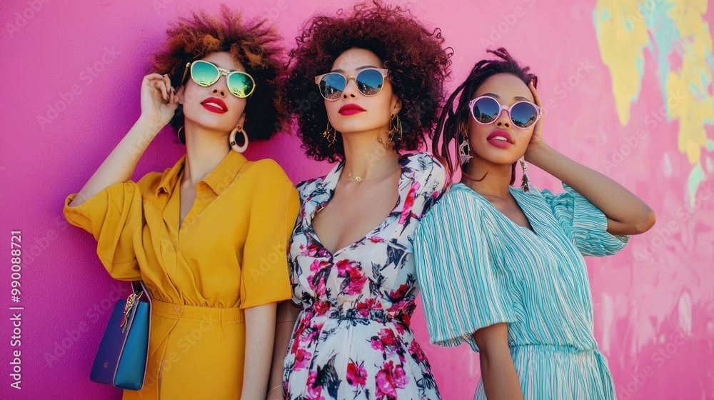 Young women showing off accessories like handbags and sunglasses. Young women showing off accessories like handbags and sunglasses.