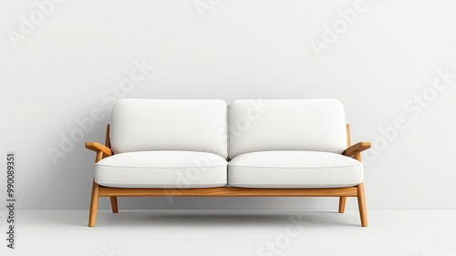 Mid-century minimalist sofa, muted fabric, thin wooden legs, light and airy room, neutral palette, 3D illustration