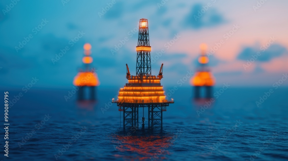 Obraz premium Illuminated Oil Rig at Sunset Over Calm Ocean