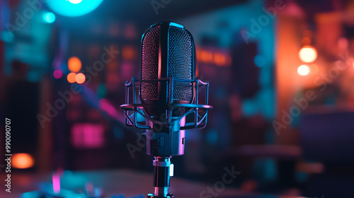 A close-up view of a microphone in a vibrant studio during a recording session at night