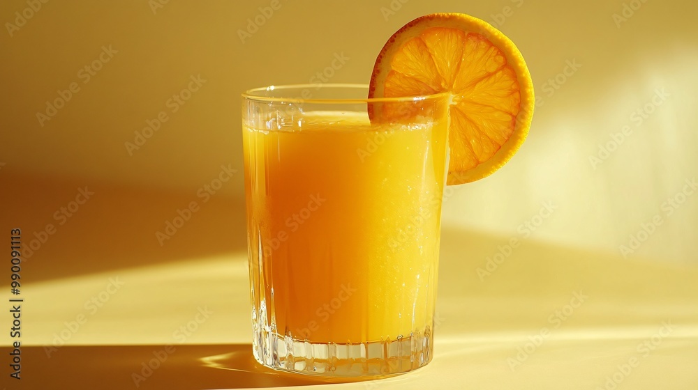 Glass of orange juice with an orange slice on top, on a yellow background. Glass of orange juice with an orange slice on top, on a yellow background.