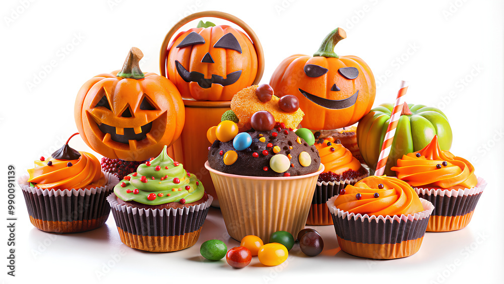Set of Halloween concept cupcake, sweet candy, lollipop, toffee apple, Jack O Lantern bucket, isolated on white background Set of Halloween concept cupcake, sweet candy, lollipop, toffee apple, Jack O Lantern bucket, isolated on white background