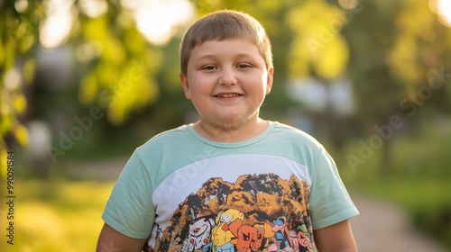 Joyful Young Boy Smiling Outdoors in Green Park, Casual Clothing, Diverse Cultural Background, Summer, Natural Light, Children, Outdoors photo