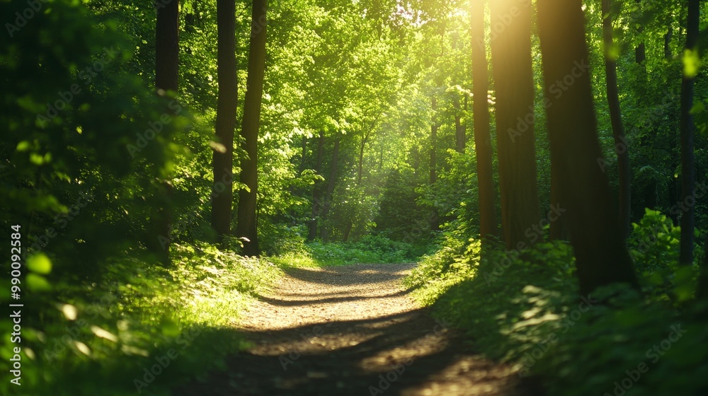 Fototapeta premium A tranquil forest path bathed in soft sunlight, inviting exploration and peaceful contemplation. The path symbolizes serenity, nature, exploration, tranquility, and growth.