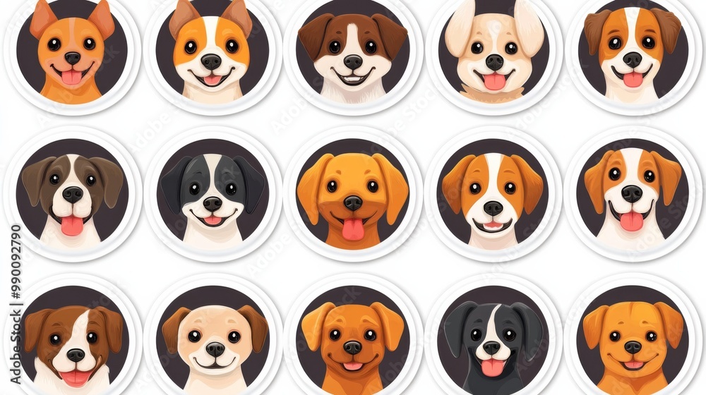 Collection 16 circular stickers different dog faces Each Charming of Cartoon Collection 16 circular stickers different dog faces Each Charming of Cartoon