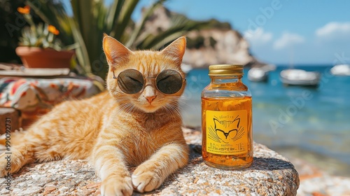 An orange cat wearing sunglasses relaxes by the beach next to a jar of honey on a sunny day photo