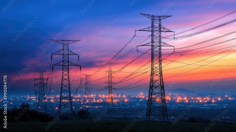 Transmission towers and power lines at dusk, highlighting the role of energy grid security Transmission towers and power lines at dusk, highlighting the role of energy grid security