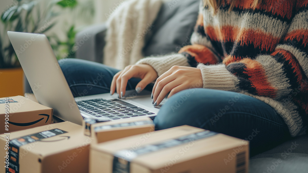 Fototapeta premium Modern Lifestyle: Young Adults Experience the Convenience of Online Shopping, Commercial Photography, Realistic Photography, Shopping, Lifestyle, Amazon