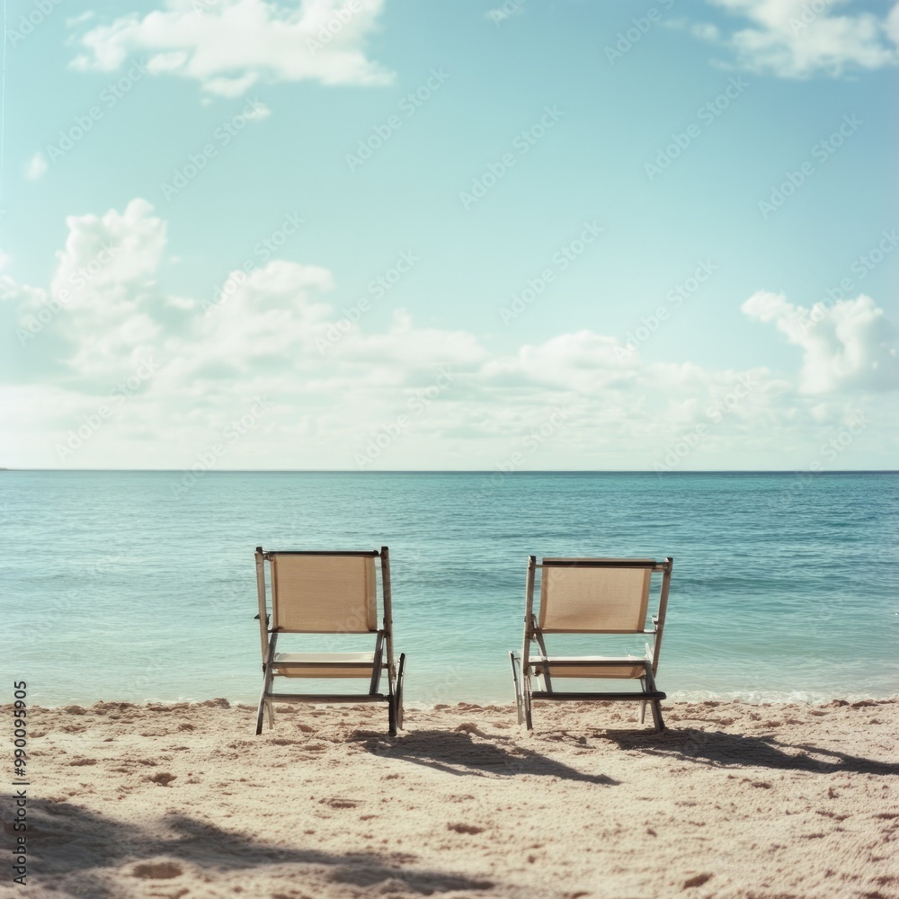 Two beach chairs set against the backdrop of a tranquil ocean, representing calm and relaxation. Two beach chairs set against the backdrop of a tranquil ocean, representing calm and relaxation.