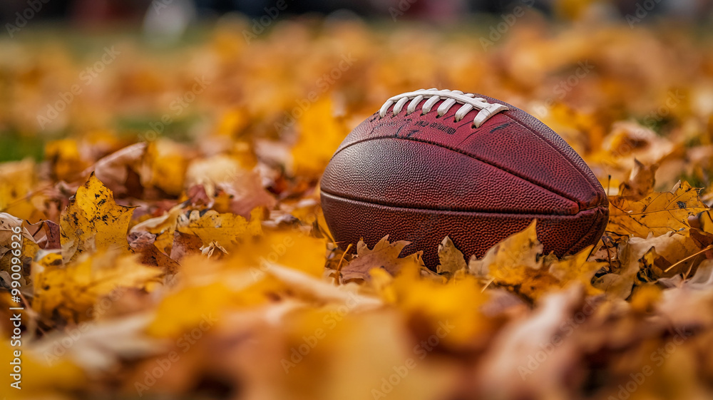 A football resting among vibrant autumn leaves during a sunny fall day in the park A football resting among vibrant autumn leaves during a sunny fall day in the park