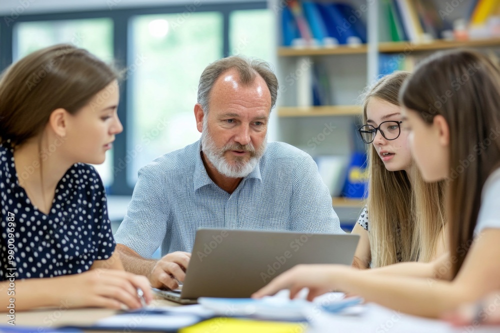 Group four people two women men sitting around A of teachers Group four people two women men sitting around A of teachers