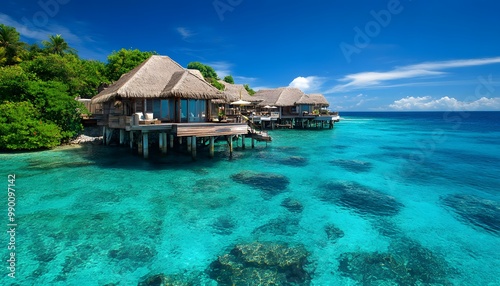 A tropical island resort with overwater bungalows  surrounded by crystalclear turquoise waters