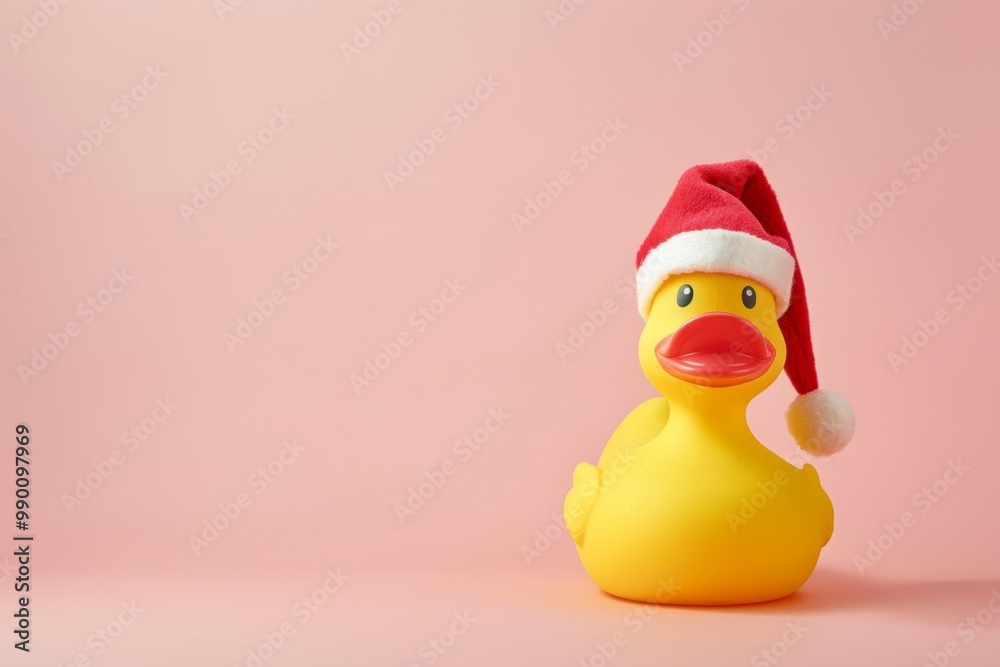 A cheerful yellow rubber duck wearing a Santa hat against a soft pink backdrop. Perfect for holiday themes and playful atmospheres. Fun and festive. Generative AI A cheerful yellow rubber duck wearing a Santa hat against a soft pink backdrop. Perfect for holiday themes and playful atmospheres. Fun and festive. Generative AI