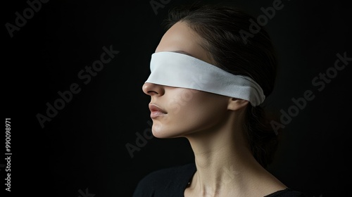 White blindfold covering a person's face, symbolizing deliberate ignorance and being unaware photo