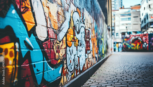 A graffiti-covered urban wall, showcasing vibrant colors, bold lines, and an edgy, artistic vibe