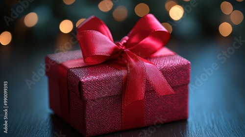 A beautifully wrapped red gift box adorned with a bow, placed on a wooden surface against a blurred festive background of lights