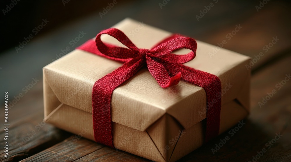 A beautifully wrapped gift box with a red ribbon sits on a rustic wooden surface inviting curiosity and anticipation A beautifully wrapped gift box with a red ribbon sits on a rustic wooden surface inviting curiosity and anticipation
