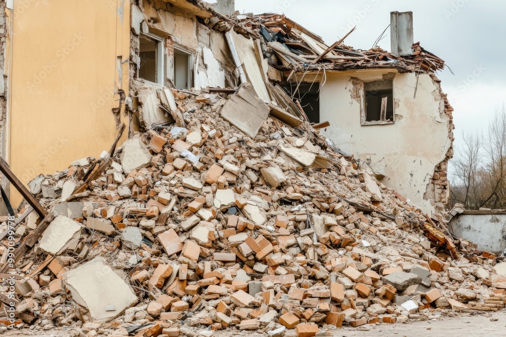 Large pile rubble debris front dilapidated building A shows significant Large pile rubble debris front dilapidated building A shows significant