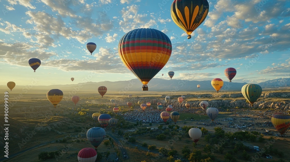 Fototapeta premium Wide shot of vibrant hot air balloons filling the sky over the desert landscape during the Albuquerque International Balloon Fiesta.