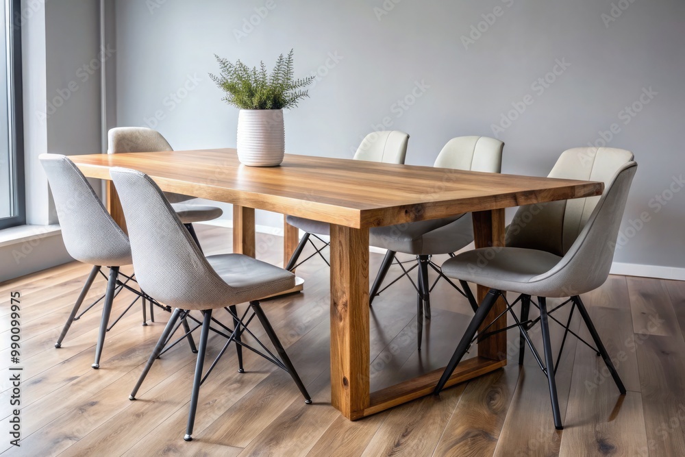 A minimalist office features a rustic wooden table with a smooth surface and natural colors, paired with modern chairs in neutral tones. The space is airy, with few decorations, highlighting the produ A minimalist office features a rustic wooden table with a smooth surface and natural colors, paired with modern chairs in neutral tones. The space is airy, with few decorations, highlighting the produ