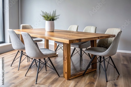 A minimalist office features a rustic wooden table with a smooth surface and natural colors, paired with modern chairs in neutral tones. The space is airy, with few decorations, highlighting the produ photo