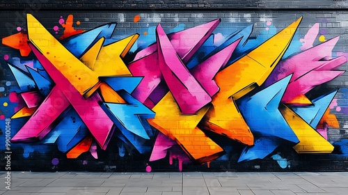 Abstract urban pop graffiti, bold shapes in vibrant colors, chunky forms and graffiti lines, dynamic flow of neon tones, street art energy meets pop art style, a clash of bright hues and bold lines, photo