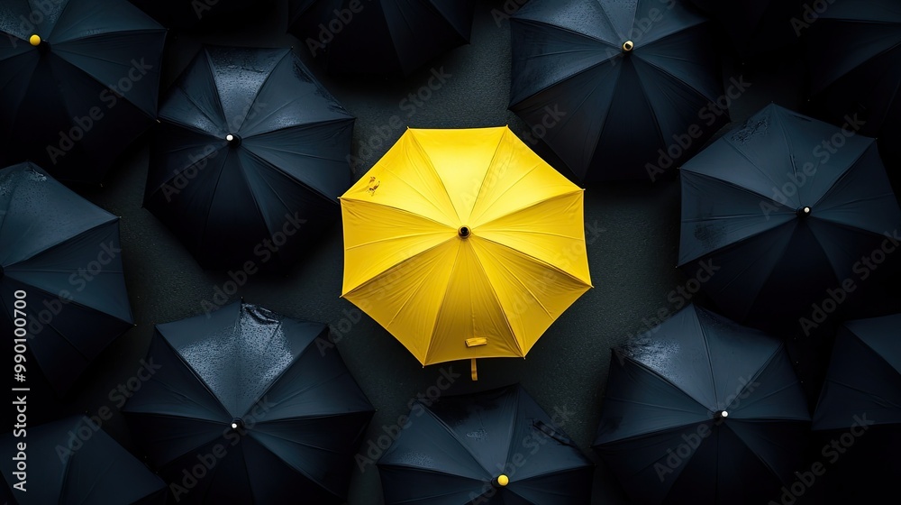 Yellow umbrella in the middle of black umbrellas, emphasizing the importance of standing out and being unique Yellow umbrella in the middle of black umbrellas, emphasizing the importance of standing out and being unique