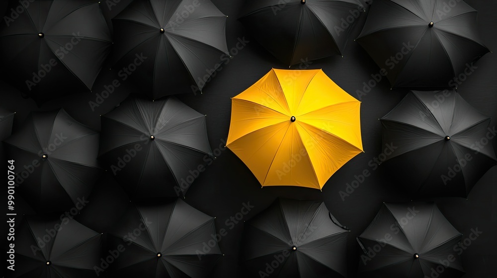 Yellow umbrella in the middle of black umbrellas, emphasizing the importance of standing out and being unique Yellow umbrella in the middle of black umbrellas, emphasizing the importance of standing out and being unique