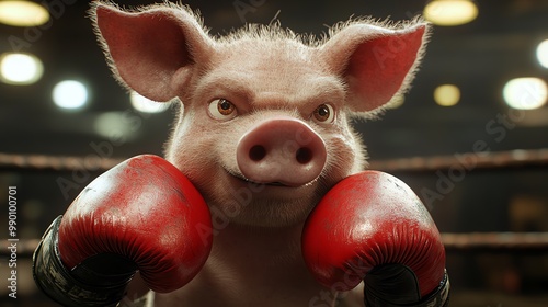 Pig boxer in gloves, throwing a punch in the ring, fierce and energetic, cartoon style photo