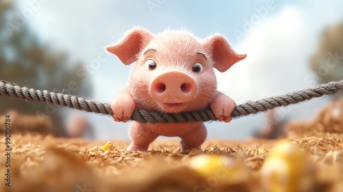 Pig competing in a tugofwar contest, pulling the rope with all its strength, cartoon style photo