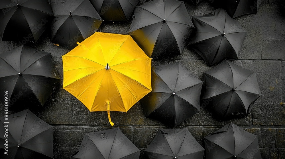 Yellow umbrella shining brightly among a group of black umbrellas, representing individuality in a conforming world Yellow umbrella shining brightly among a group of black umbrellas, representing individuality in a conforming world