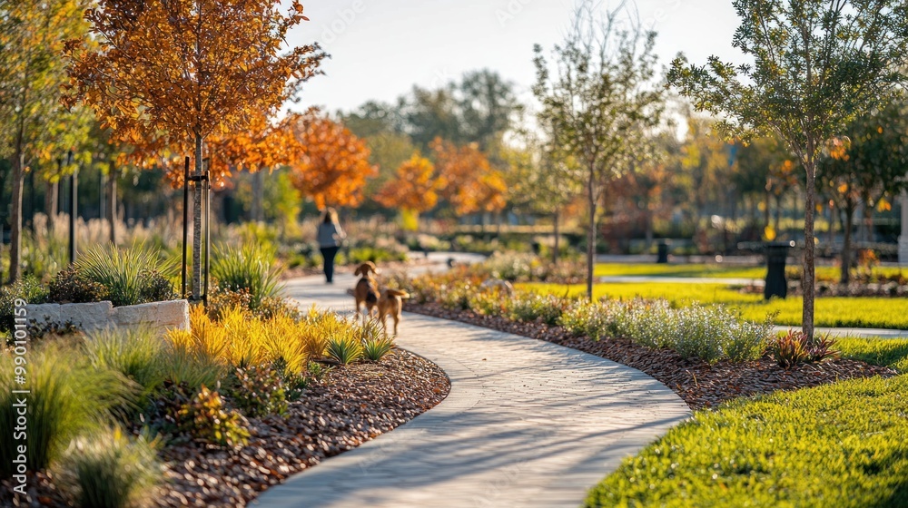 Fototapeta premium A serene park path with autumn trees and a person walking a dog.