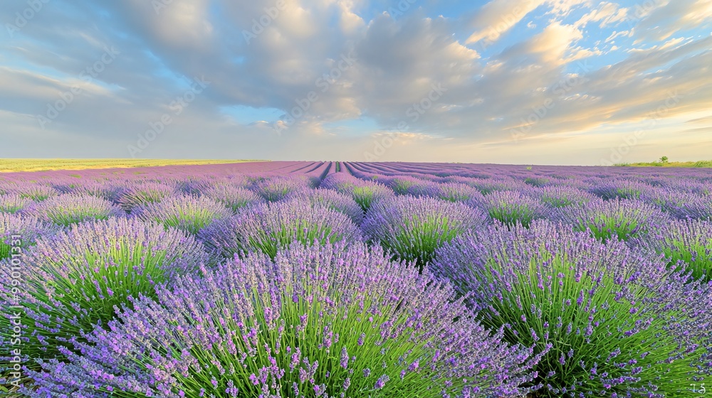 Obraz premium A vast field of lavender flowers in full bloom under a cloudy sky, extending to the horizon.