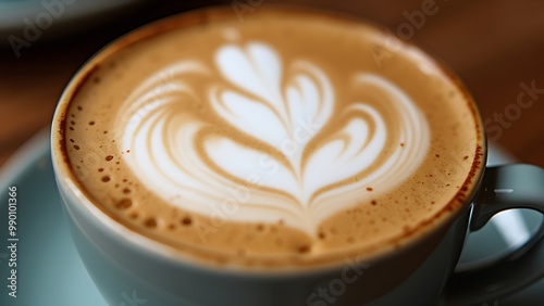 A close-up of a creamy cappuccino featuring intricate foam art. The delicate design atop the frothy milk adds a touch of elegance, making it a perfect coffee moment to savor.