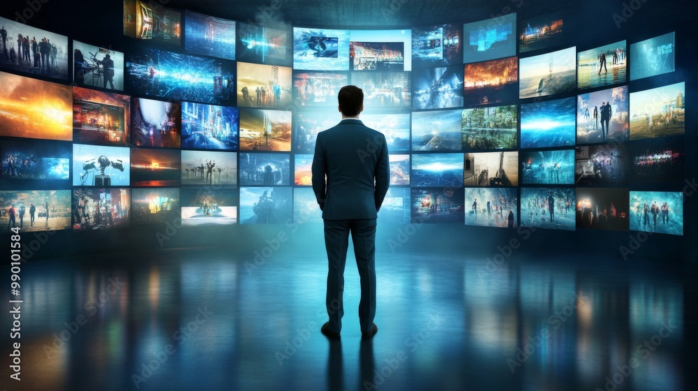 Man standing front large wall multiple screens Back view Man standing front large wall multiple screens Back view