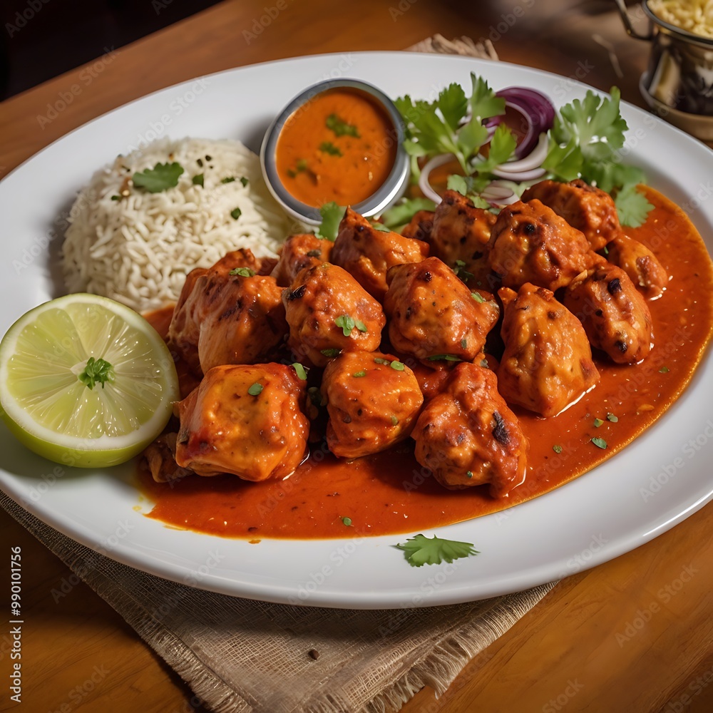 Delicious juicy tasty Chicken tikka dish well cooked with some vegetable served, Chicken tikka masala, cooked marinated chicken in spiced curry sauce Delicious juicy tasty Chicken tikka dish well cooked with some vegetable served, Chicken tikka masala, cooked marinated chicken in spiced curry sauce