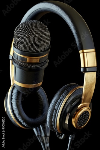 Microphone pair headphones attached to it is black and Gold