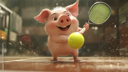 Pig playing squash, hitting the ball with power, fastpaced action, cartoon style photo