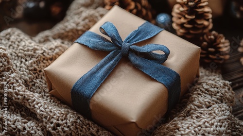 Beautifully wrapped gift with blue ribbon on a cozy knitted blanket surrounded by pine cones and festive decorations during the holiday season