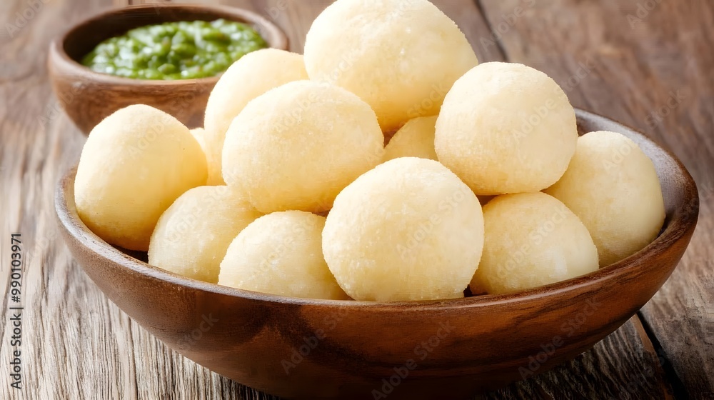 A wooden bowl filled with white, round dumplings, with a bowl of green pesto sauce to the side.