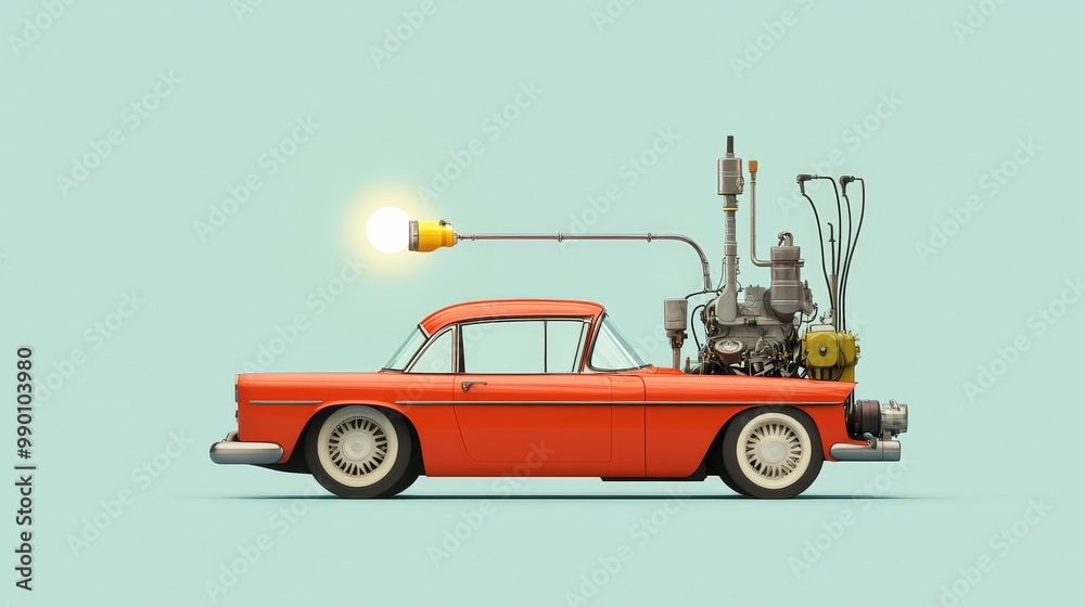 Fototapeta premium A vintage car powered by a lightbulb, symbolizing innovation, inspiration, creativity, progress, and the power of ideas.