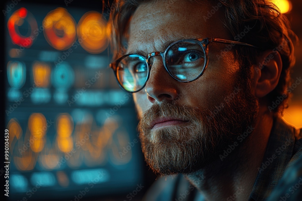 Man with Glasses Looking at Screen Man with Glasses Looking at Screen